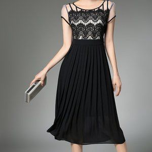 Black Lace-Accent Midi Dress